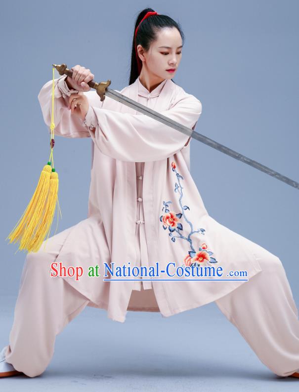 Chinese Traditional Kung Fu Embroidered Peony Beige Outfits Martial Arts Competition Costumes for Women