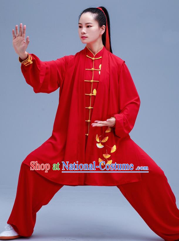 Chinese Traditional Kung Fu Embroidered Ginkgo Leaf Red Outfits Martial Arts Competition Costumes for Women