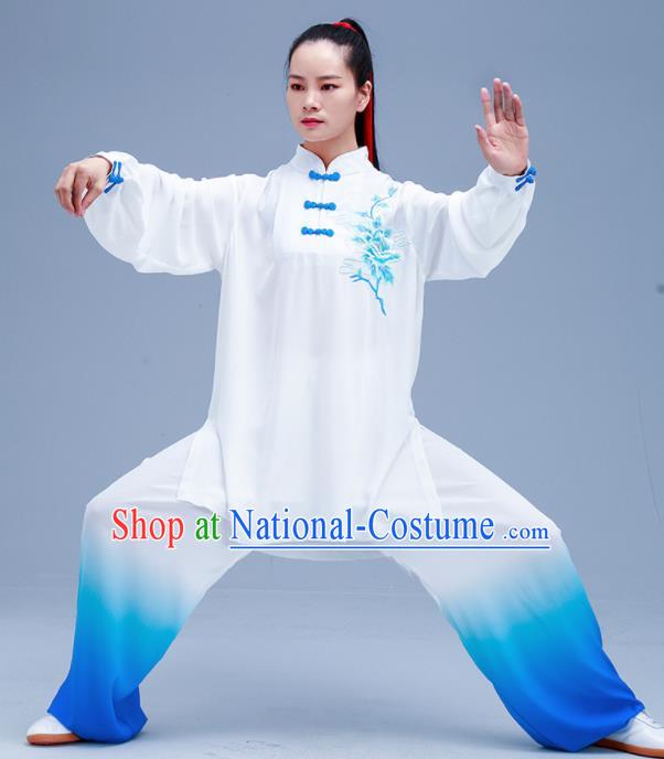 Chinese Traditional Kung Fu Gradient Blue Outfits Martial Arts Competition Costumes for Women