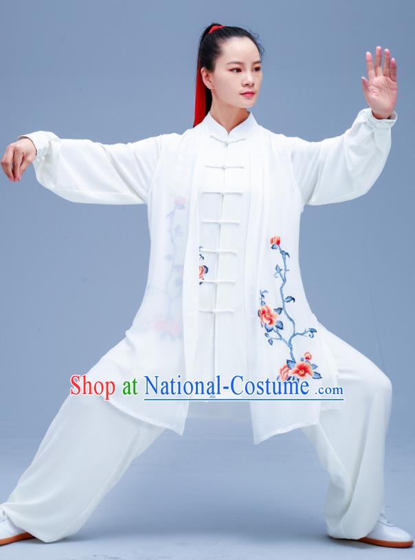 Chinese Traditional Kung Fu Embroidered Peony White Outfits Martial Arts Competition Costumes for Women