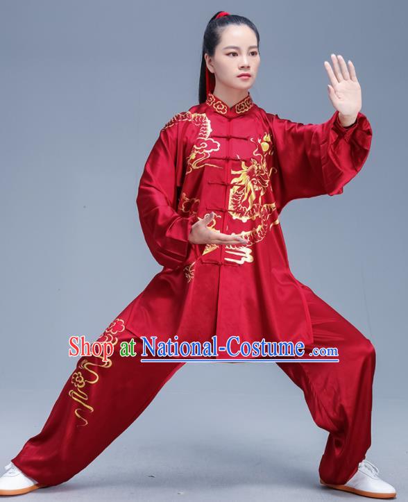 Chinese Traditional Kung Fu Red Silk Outfits Martial Arts Competition Costumes for Women