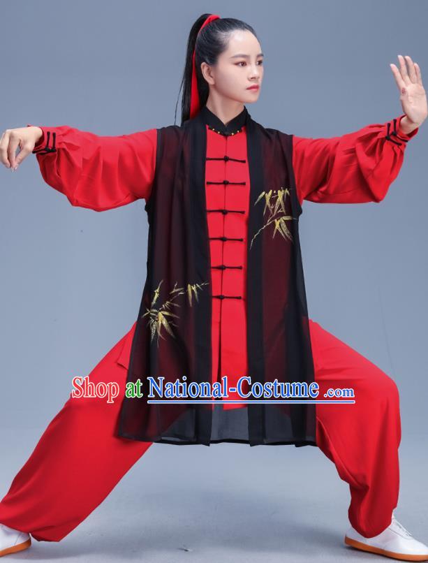 Chinese Traditional Kung Fu Printing Bamboo Red Outfits Martial Arts Competition Costumes for Women