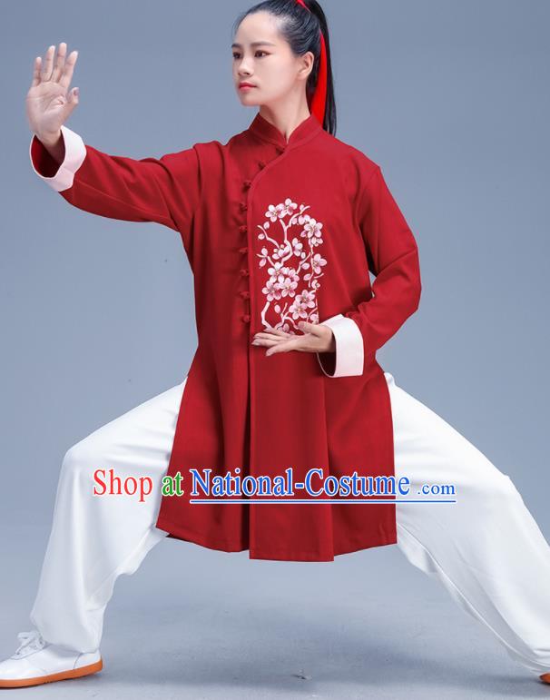 Chinese Traditional Kung Fu Stage Show Printing Plum Red Outfits Martial Arts Competition Costumes for Women