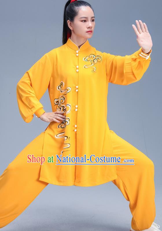 Chinese Traditional Kung Fu Competition Printing Yellow Outfits Martial Arts Stage Show Costumes for Women