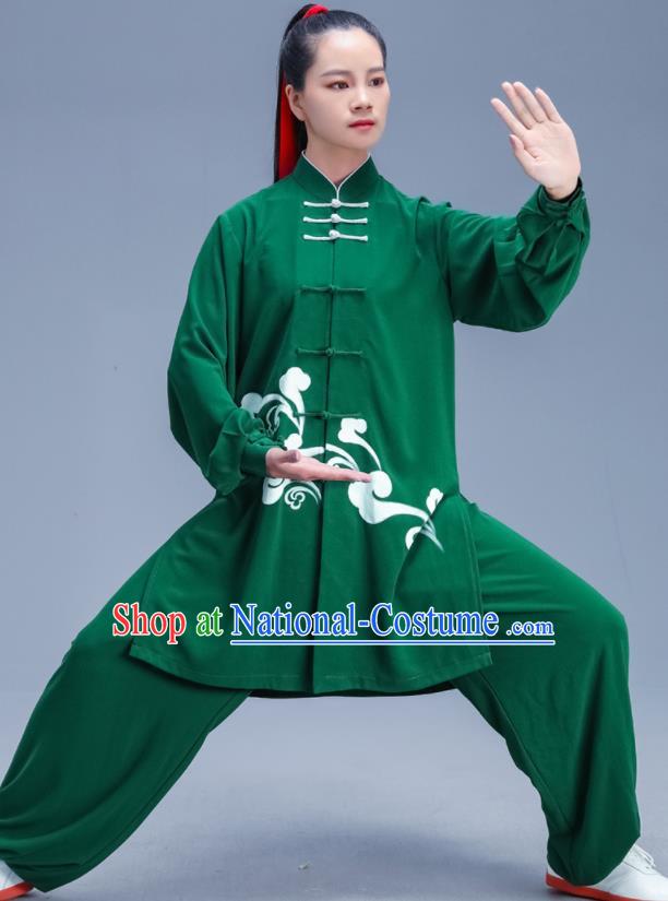 Chinese Traditional Kung Fu Competition Printing Green Outfits Martial Arts Stage Show Costumes for Women