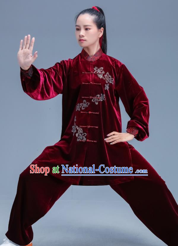 Chinese Traditional Kung Fu Competition Wine Red Velvet Outfits Martial Arts Stage Show Costumes for Women