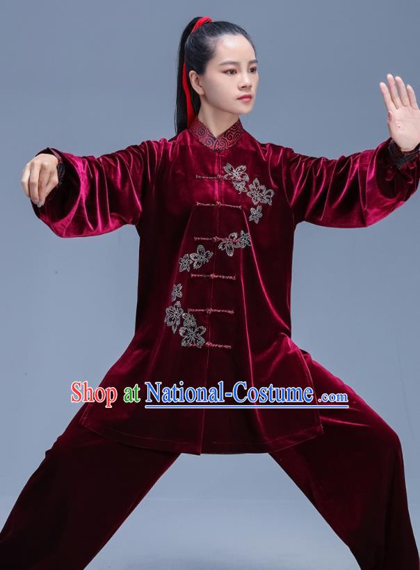 Chinese Traditional Kung Fu Competition Wine Red Velvet Outfits Martial Arts Stage Show Costumes for Women