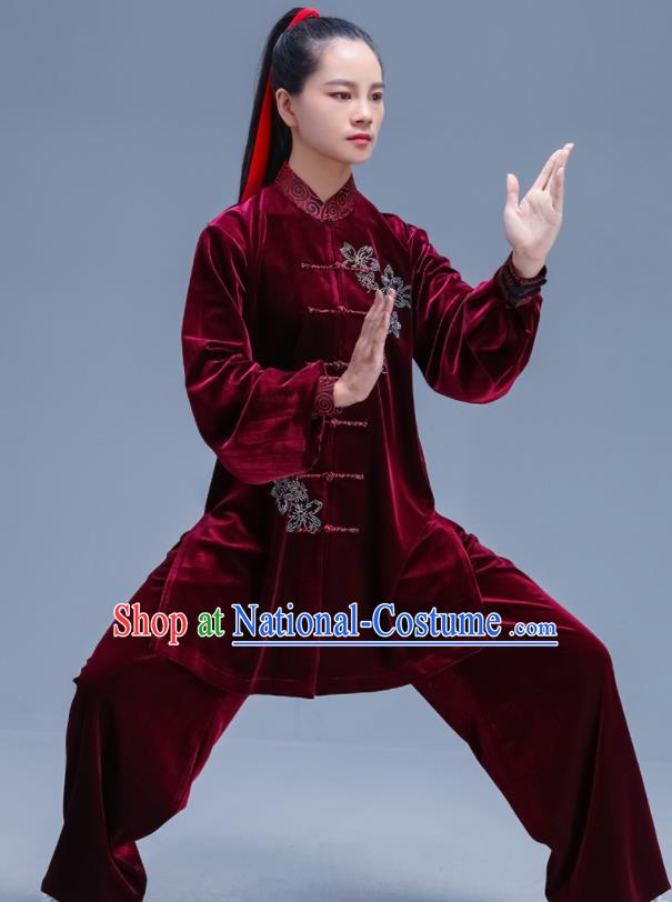 Chinese Traditional Kung Fu Competition Wine Red Velvet Outfits Martial Arts Stage Show Costumes for Women