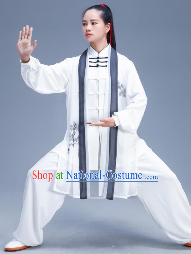 Chinese Traditional Kung Fu Competition Printing Pine White Outfits Martial Arts Stage Show Costumes for Women