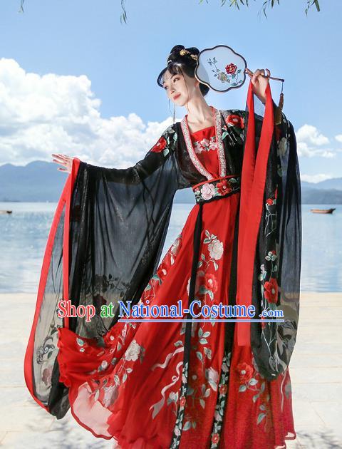 Traditional Chinese Embroidered Peony Red Hanfu Dress Ancient Princess Goddess Empress Costumes for Women