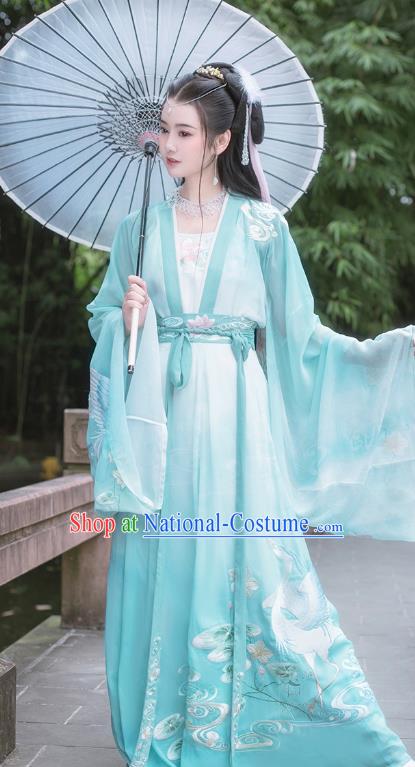 Traditional Chinese Song Dynasty Embroidered Green Hanfu Dress Ancient Goddess Empress Costumes for Women