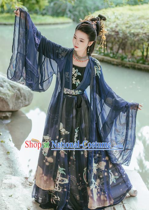 Traditional Chinese Tang Dynasty Imperial Consort Embroidered Navy Hanfu Dress Ancient Empress Costumes for Women