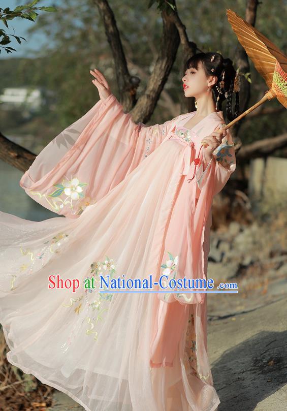 Traditional Chinese Song Dynasty Patrician Lady Pink Hanfu Dress Ancient Royal Princess Embroidered Costumes for Women