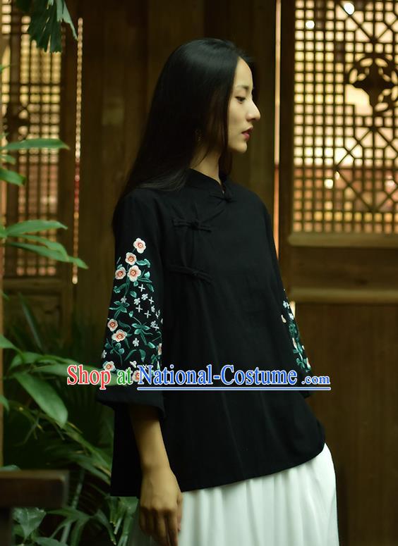 Chinese Tai Chi Embroidered Black Flax Blouse Traditional Tang Suit Costume for Women