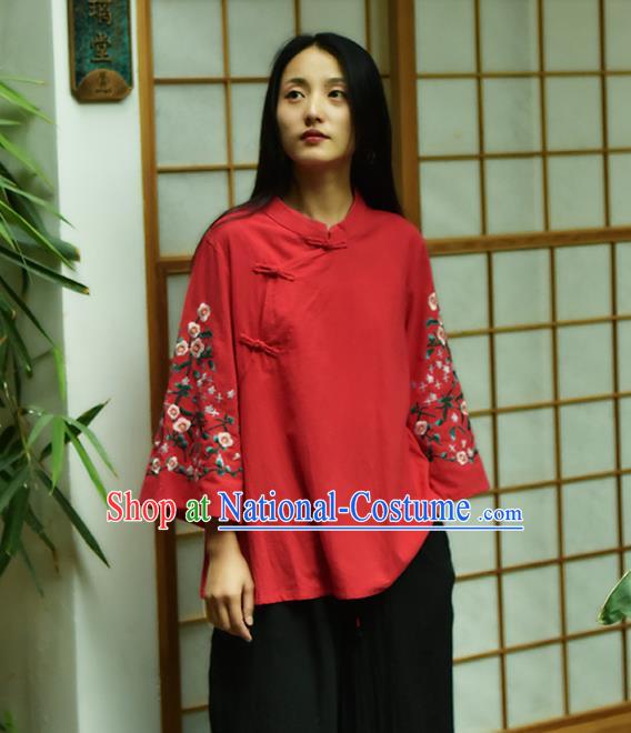 Chinese Tai Chi Embroidered Red Flax Blouse Traditional Tang Suit Costume for Women