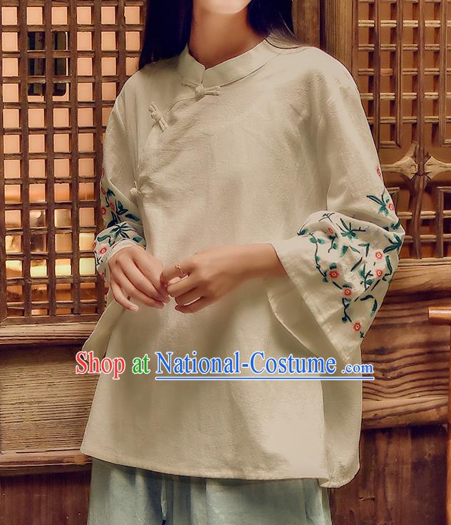 Chinese Tai Chi Embroidered Beige Flax Blouse Traditional Tang Suit Costume for Women