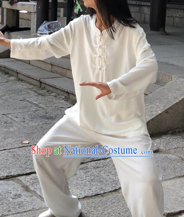 Chinese Martial Arts White Flax Garment Outfits Traditional Tai Chi Kung Fu Costumes for Adult