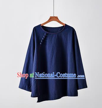 Chinese Tai Chi Navy Flax Slant Opening Blouse Traditional Tang Suit Costume for Women