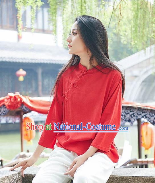 Chinese Tang Suit Red Flax Slant Opening Blouse Traditional Tai Chi Costume for Women