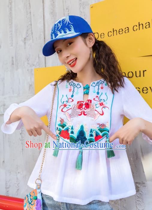 Chinese Embroidered Carps White Shirt Upper Outer Garment Traditional Tang Suit Costume for Women