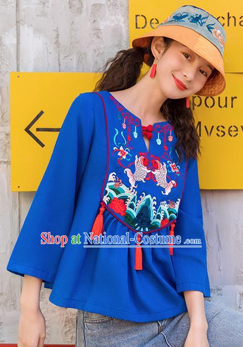 Chinese Embroidered Carps Royalblue Shirt Upper Outer Garment Traditional Tang Suit Costume for Women