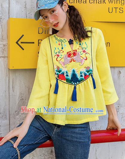 Chinese Embroidered Carps Yellow Shirt Upper Outer Garment Traditional Tang Suit Costume for Women