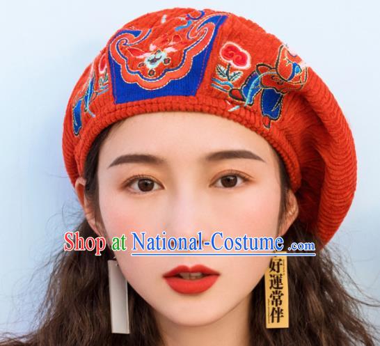 Chinese Traditional Embroidered Red Corduroy Hat National Beret Hat for Women