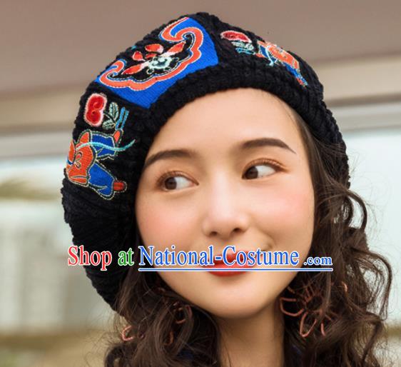 Chinese Traditional Embroidered Black Corduroy Hat National Beret Hat for Women