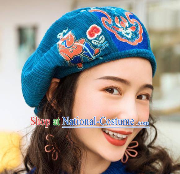 Chinese Traditional Embroidered Blue Corduroy Hat National Beret Hat for Women