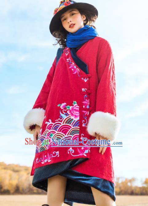 Chinese Traditional Embroidered Peony Red Cotton Padded Coat National Overcoat Costumes for Women