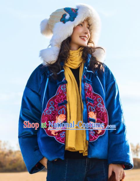 Chinese Traditional Embroidered Fish Blue Cotton Padded Jacket National Overcoat Costumes for Women