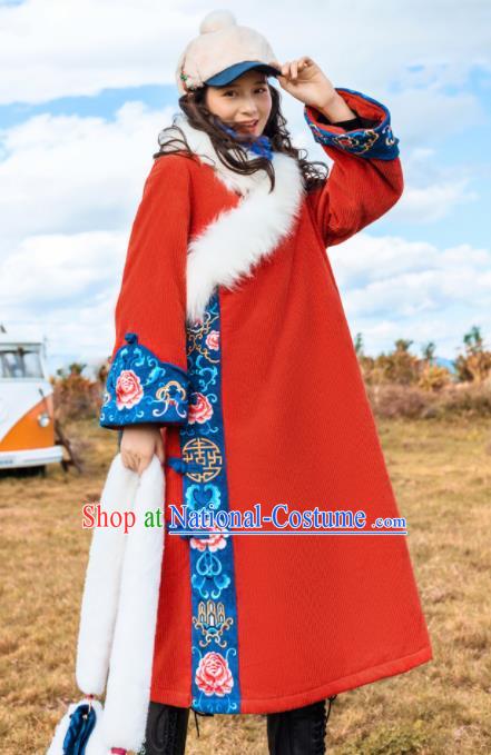 Chinese Traditional Embroidered Red Woolen Dust Coat National Overcoat Costumes for Women