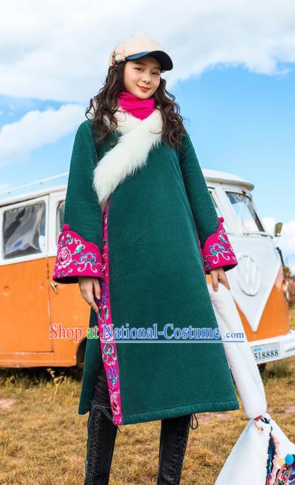 Chinese Traditional Embroidered Green Woolen Dust Coat National Overcoat Costumes for Women