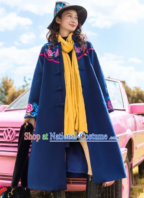 Chinese Traditional Embroidered Peony Navy Woolen Dust Coat National Overcoat Costumes for Women