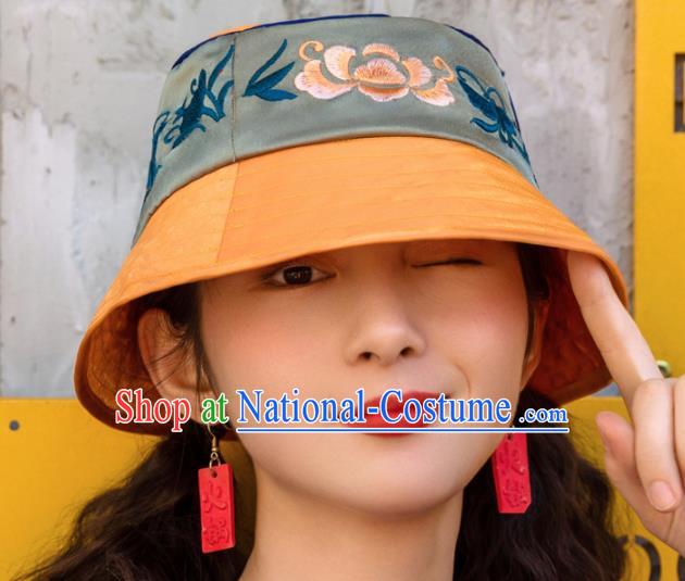 Chinese Traditional Hanfu Embroidered Green Hat National Bucket Hat for Women