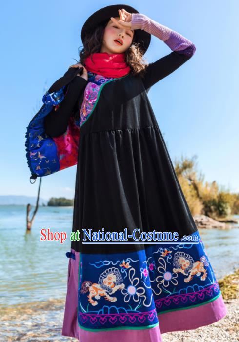 Chinese Traditional Embroidered Black Vest Dress National Cheongsam Costumes for Women