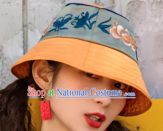 Chinese Traditional Hanfu Embroidered Green Hat National Bucket Hat for Women