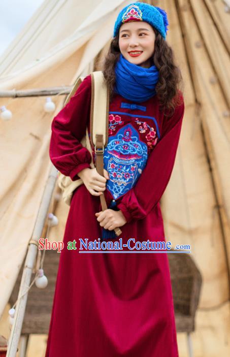 Chinese Traditional Embroidered Wine Red Corduroy Dress National Tang Suit Costumes for Women