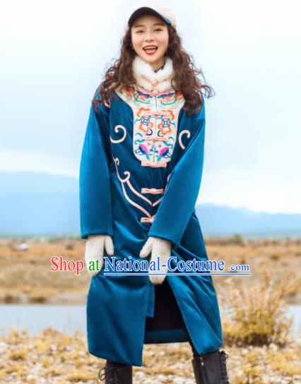 Chinese Traditional Winter Embroidered Blue Dust Coat National Tang Suit Overcoat Costumes for Women