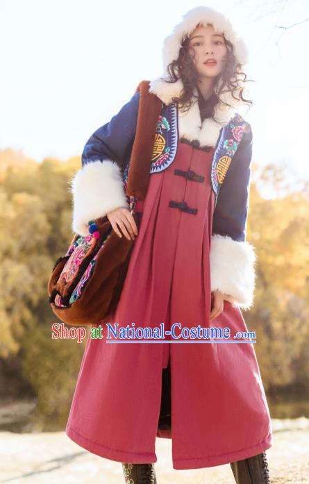 Chinese Traditional Winter Embroidered Dust Coat National Tang Suit Overcoat Costumes for Women