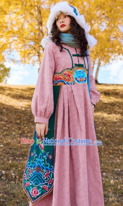 Chinese Traditional Embroidered Dragon Pink Dress National Tang Suit Costumes for Women