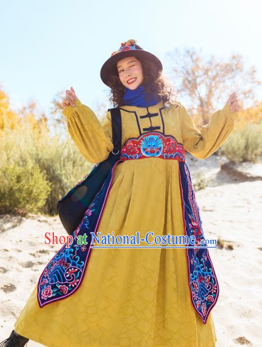 Chinese Traditional Embroidered Dragon Yellow Dress National Tang Suit Costumes for Women