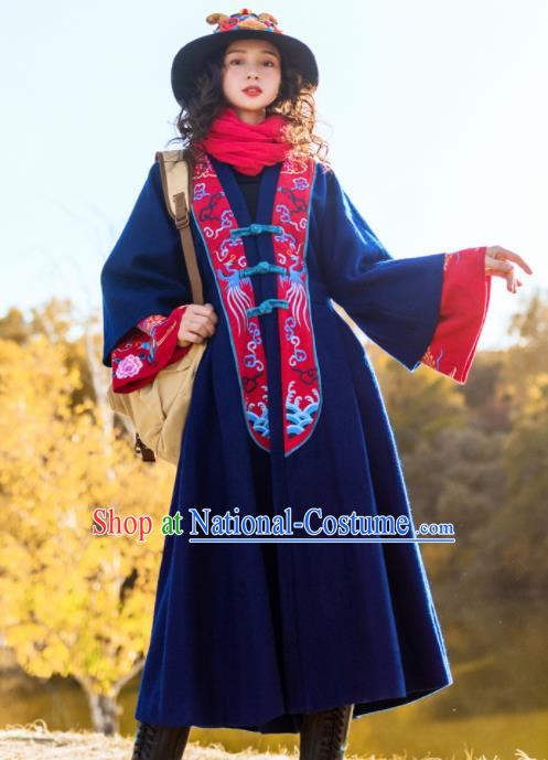 Chinese Traditional Winter Embroidered Navy Woolen Dust Coat National Tang Suit Overcoat Costumes for Women