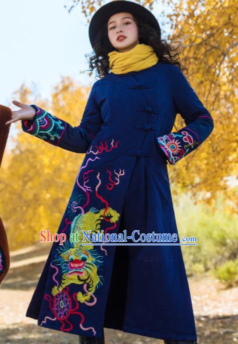 Chinese Traditional Winter Embroidered Lion Navy Dust Coat National Tang Suit Overcoat Costumes for Women