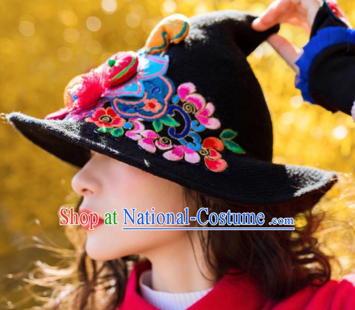 Chinese Traditional Embroidered Tiger Black Hat National Wizard Hat for Women