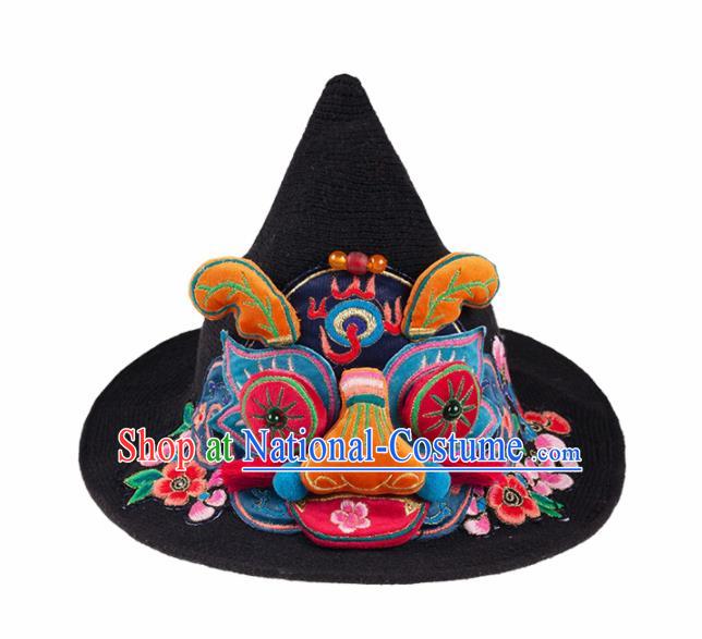 Chinese Traditional Embroidered Tiger Black Hat National Wizard Hat for Women