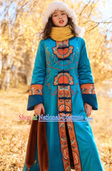 Chinese Traditional Winter Embroidered Blue Velvet Dust Coat National Tang Suit Overcoat Costumes for Women