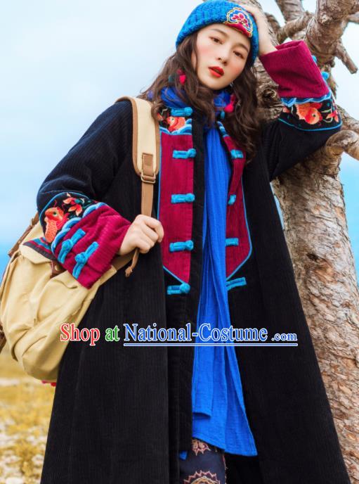 Chinese Traditional Winter Embroidered Black Dust Coat National Tang Suit Overcoat Costumes for Women