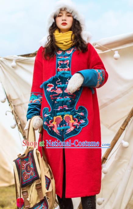 Chinese Traditional Winter Embroidered Phoenix Red Dust Coat National Tang Suit Overcoat Costumes for Women