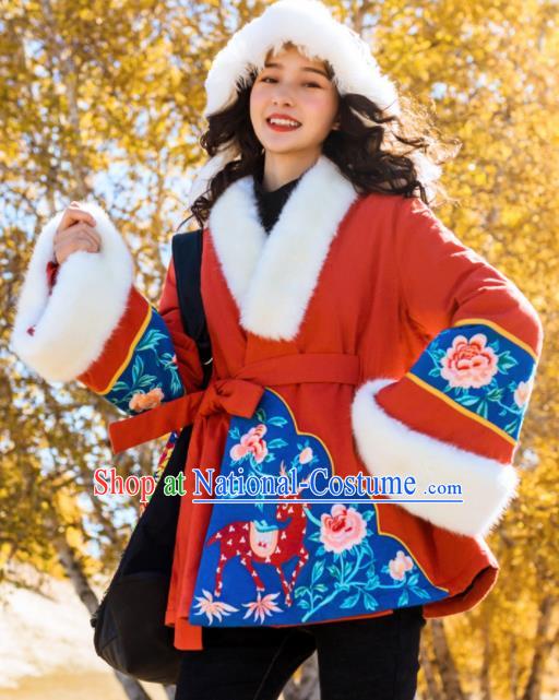 Chinese Traditional Embroidered Red Jacket National Tang Suit Overcoat Costumes for Women